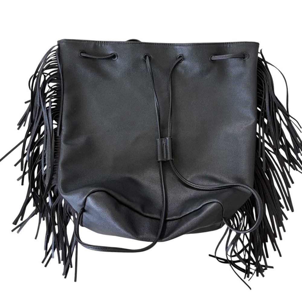 Victoria's Secret Black Pebbled Faux Leather Fringe Drawstring Backpack Western - Picture 5 of 12